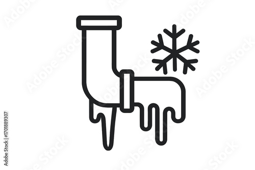 Frozen pipe icon. Winter plumbing problem concept. Cold weather damage to water pipes. Burst pipe with ice and icicles. Outline vector illustration for heating and plumbing service.