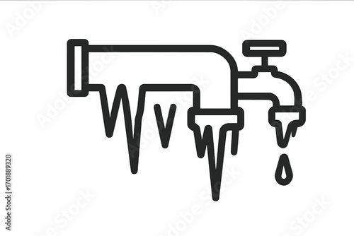 Frozen pipe icon. Winter plumbing problem concept. Cold weather water pipe with icicles and dripping faucet. Burst pipeline, leakage, and frost damage symbol. Vector line.