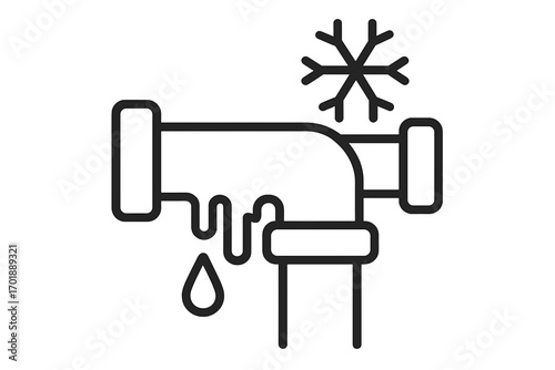 Frozen pipe icon. Burst pipe with water leak. Winter plumbing problem concept. Cold weather damage symbol. Water pipe freezing, snowflake and drip. Outline vector logo.