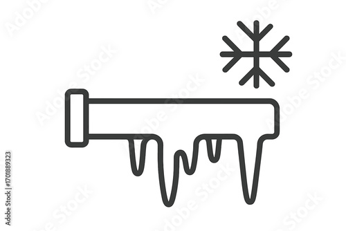 Frozen pipe icon for plumbing problems. Winter cold weather damage concept. Water pipe bursting with ice and icicles. Emergency plumbing repair service vector line art symbol.