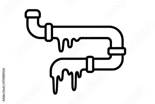 Frozen pipe with icicles outline icon. Cold winter plumbing problem concept. Freezing water pipeline, frost damage, and burst pipe emergency repair vector illustration.
