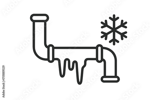 Frozen pipe line icon. Winter plumbing problem concept. Cold weather water pipe with icicles and snowflake. Home heating system emergency, burst pipe risk vector symbol.