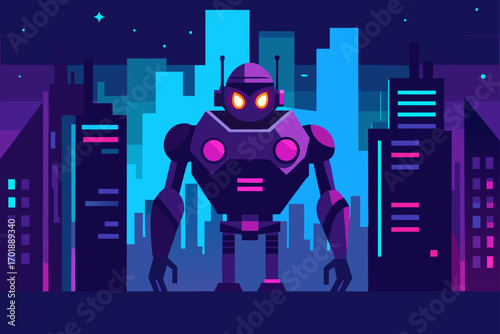 AI Guardian Robot City In Neon Lights