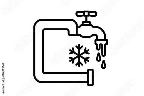 Frozen pipe line icon. Winter plumbing problem concept. Faucet with dripping water and ice. Cold weather, snowflake symbol. Burst pipe risk and home maintenance vector.