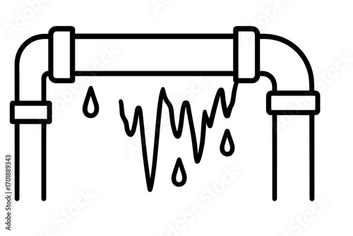 Frozen pipe icon. Burst water pipe with icicles and leaking drops. Winter plumbing problem concept. Cold weather damage, pipeline emergency repair vector line illustration.