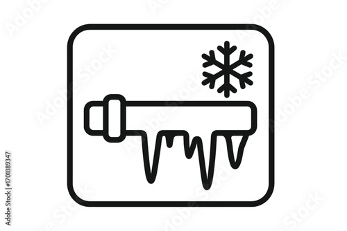 Frozen pipe line icon. Winter plumbing problem concept. Cold weather, frost and ice damage. Water pipe with icicles and snowflake symbol. Vector pictogram illustration.