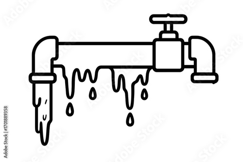 Frozen pipe outline illustration. Burst water pipe with ice and icicles. Plumbing problem concept. Winter house damage, leak, and repair. Cold weather emergency vector icon.