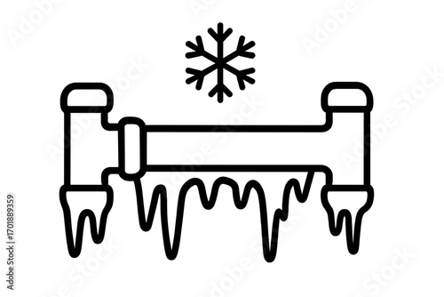 Frozen water pipe with icicles and snowflake line icon. Winter plumbing problem, frost damage, and heating system emergency concept. Cold weather vector outline illustration.