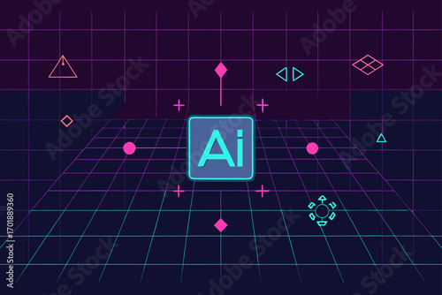AI Grid Interface Background With Glowing Symbols