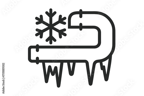 Frozen pipe icon with icicles and snowflake. Winter plumbing problem symbol. Cold weather water pipe damage concept. Vector outline illustration for heating and utilities.