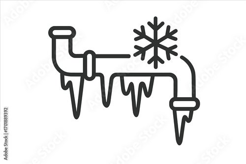 Frozen pipe outline icon. Winter plumbing problem concept. Cold weather, ice and icicles on pipeline. Water damage and heating emergency symbol. Vector illustration.