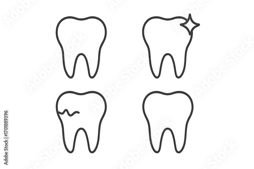 Tooth line icon set. Dental care, oral hygiene concept. Healthy, clean sparkling, and cracked caries tooth. Dentistry, stomatology, clinic, and health symbols vector.
