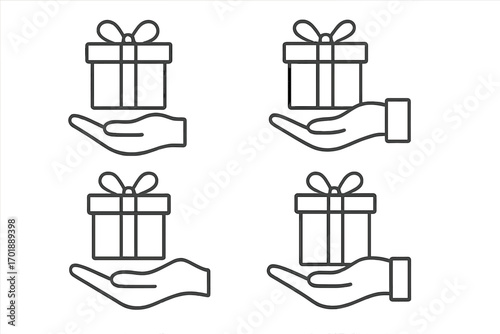 Hand giving gift box icon set. Line art vector illustration for charity, donation, and surprise concepts. Outline pictogram for bonus, loyalty program, and celebration.
