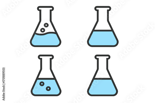 Lab flask icon set. Chemical laboratory glassware with blue liquid. Erlenmeyer flask for science experiment or research. Chemistry symbol pictogram vector collection.