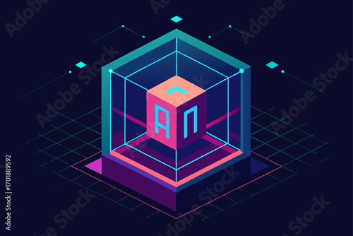 AI Quantum Computer Glowing In Cube Room