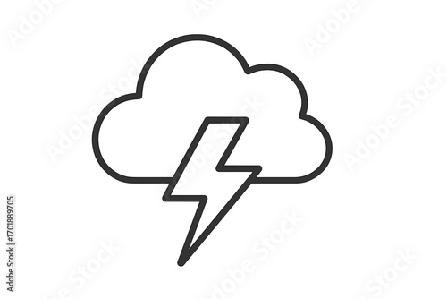 Thunderstorm icon. Cloud and lightning bolt outline. Stormy weather forecast symbol. Linear pictogram. Bad weather sign. Flash of light. Electric power, energy concept. Vector illustration.