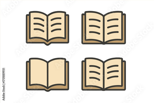 Book icon set. Open book filled outline web icons. Minimalistic pictogram for graphic design, apps, website. Symbol of reading, education, knowledge, study, learning, library.