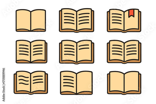 Open book icon set. Filled color linear pictogram bundle. Vector illustration for education, library, knowledge, study, literature. Minimalist graphic symbol for web design.