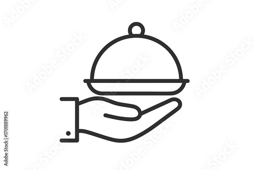 Hand holding food tray cloche icon. Concept for restaurant service, catering business, gourmet meal delivery. Waiter serving dish symbol. Vector line art for web, apps.