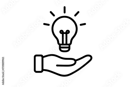Hand holding a glowing lightbulb. Concept of a new idea, creativity, innovation. Symbol of a solution, inspiration, knowledge, invention, insight. Business technology vector icon.