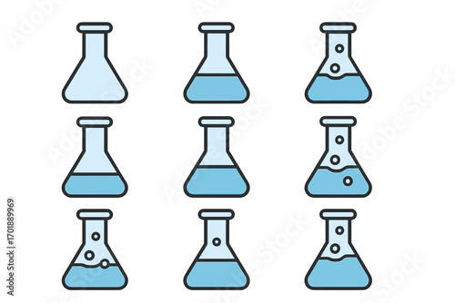 Science lab flask icon set. Chemical reaction and experiment concept. Vector cartoon illustration of chemistry beakers with blue liquid and bubbles for research and education.