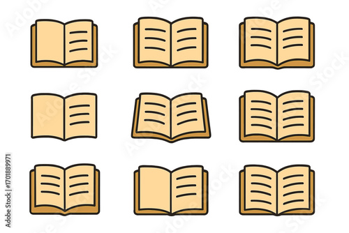 Open book icon set. Reading, learning, and education concept. Library and literature symbol collection. Simple vector pictogram bundle for web, graphic design, and apps.