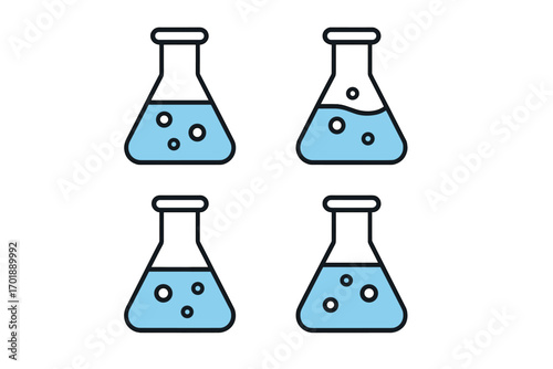 Set of chemical lab flasks with blue liquid. Science experiment icon collection. Chemistry research symbol. Vector laboratory glassware pictogram. Reaction with bubbles concept.
