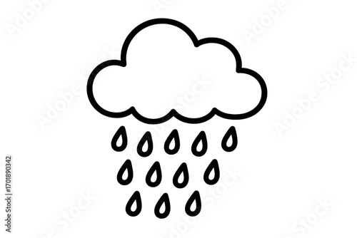 Rain cloud outline icon. Simple weather symbol for forecast and climate. Vector cartoon illustration of raindrops falling. Black and white line art doodle for apps and web.