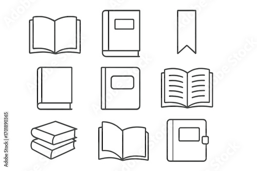Book and diary thin line icon set. Vector outline pictograms for education, reading, library, study. Symbols for knowledge, learning, notebook, bookmark. For web, app, UI.