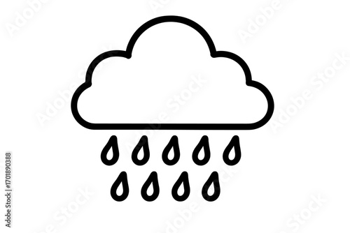 Rain cloud outline symbol. Simple weather forecast icon. Line art vector illustration for graphic design. Minimalist meteorology sign with raindrops. Climate concept.