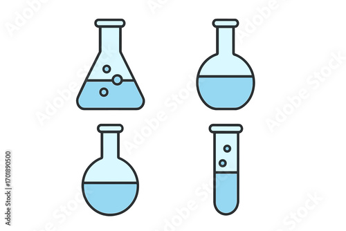 Science lab icon set. Chemistry laboratory glassware with blue liquid. Vector cartoon illustration of chemical research experiment. Test tube, beaker, and flask pictogram.