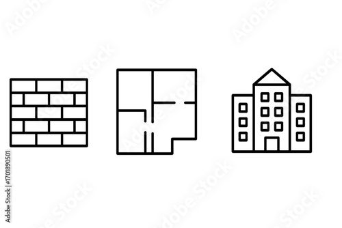 Building & construction line icon set. Vector outline symbols for architecture, real estate, and property development. Includes brick wall, floor plan, and office building icons.