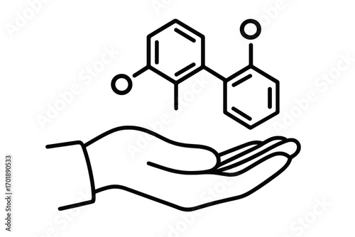 Hand holding chemical molecule structure. Science, chemistry, research, discovery, innovation concept. Pharmacology, medicine, biotechnology vector illustration line icon.