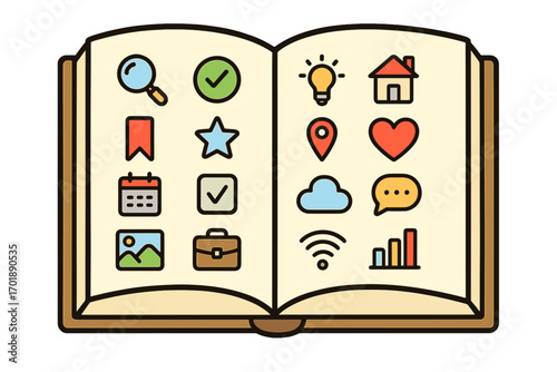 Open book of knowledge with essential web icons. Metaphor for learning, education, user guide. Modern business pictogram set for UI, UX, app, website, graphic design.