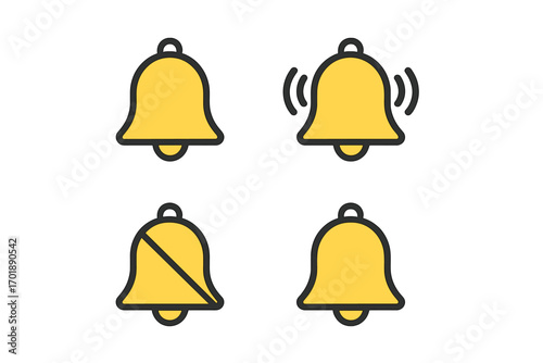 Notification bell icon set for web and mobile app UI design. Ringing, silent, and active alert symbols. Subscribe, reminder, and mute button collection. Vector illustration.