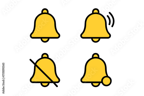 Notification bell vector icon set. Subscribe button for social media. New message alert, reminder alarm, and silent mode symbols. Ringing and mute sound icons for web UI.