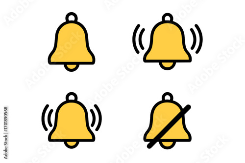 Notification bell icon set. Yellow alert, ring, and silent mode symbols. Subscribe and unsubscribe pictograms for web UI, UX, and app design. Flat vector graphic element.