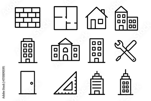 Building and construction thin line icon set. Architecture, engineering and real estate symbols. House, floor plan, repair tools, brick wall. Outline vector signs for web.