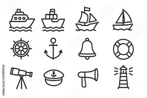 Ship and boat line icon set. Nautical and maritime symbols collection. Vector outline graphics with cruise liner, cargo ship, sailboat, anchor, helm, and lighthouse icons.