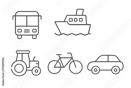 Transport icon set. Bus, ship, tractor, bicycle, car vector line icons. Simple outline vehicle collection for web, app, and print. Editable stroke minimalist design.