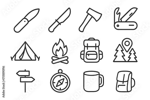 Camping gear and hiking equipment line icon set. Outdoor adventure, travel and survival concept symbols. Vector outline pictogram collection for web. Tent, campfire, backpack, knife.