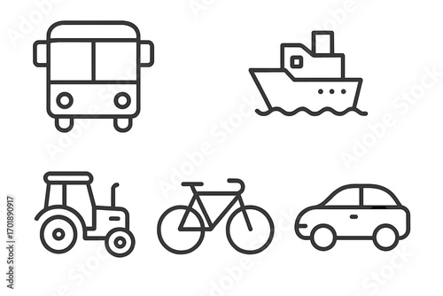 Public transport, travel, logistics, automobile, agriculture vehicle, freight, shipping. Simple minimalist outline pictogram collection for web and mobile apps. Editable stroke.