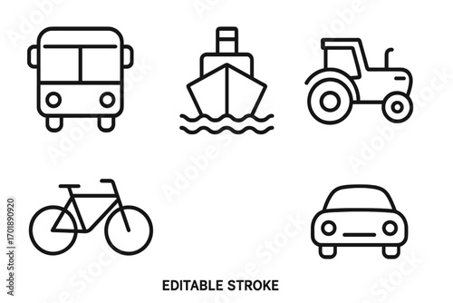 Transport and vehicle thin line icon set. Bus, ship, tractor, bicycle, car simple isolated linear icons collection. Editable stroke vector graphics for design, web, apps.
