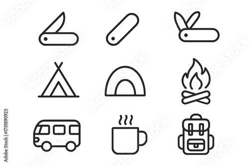 Camping and hiking line icon set. Outdoor adventure and travel outline symbols. Vector collection with tent, campfire, backpack, pocket knife, van, and mug for web and graphic design.