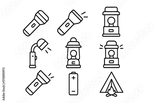 Camping and hiking line icon set. Flashlight, lantern, headlamp, battery, tent, and campfire outline symbols. Outdoor adventure and survival equipment vector pictograms for web.