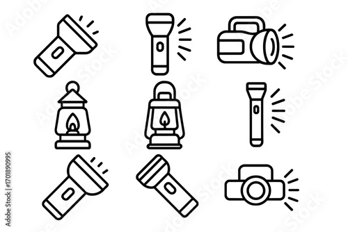 Camping flashlight and lantern thin line icon set. Outdoor adventure, hiking and survival equipment symbols. Outline vector illustration for web, graphic design, and apps.