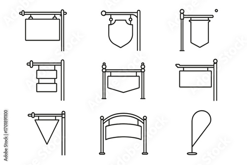 Blank signboard and banner line icon set. Collection of outdoor street signs, storefront advertising signage, and hanging billboard mockups. Vector outline graphic elements.