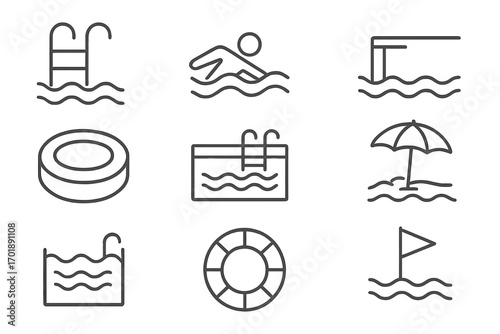 Swimming pool line icon set. Summer vacation and water sports symbols. Vector pictograms of swimmer, ladder, diving board, lifebuoy, umbrella for web and graphic design.