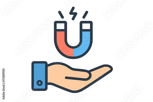 Magnet in hand icon for customer attraction and lead generation. Business marketing concept for acquiring and retaining clients. Inbound marketing strategy and influence symbol.