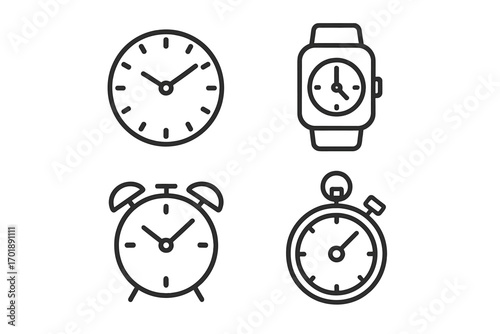 Clock line icon set. Time management vector symbols. Collection includes wall clock, smartwatch, alarm clock, and timer outline graphics for web design, apps and infographics.